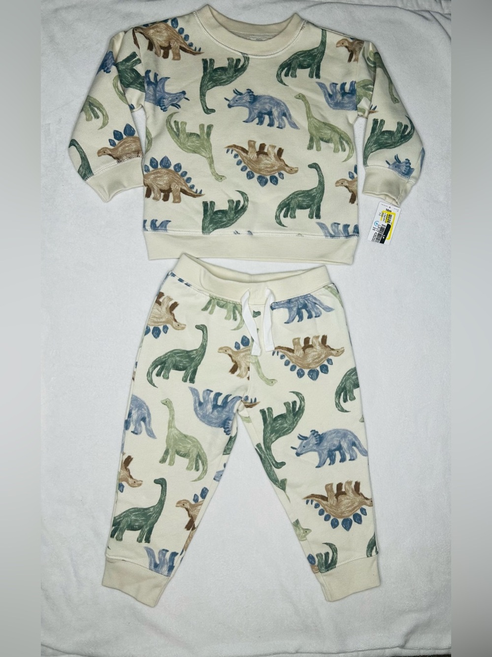 Carter's Cream Sweatshirt and Jogger Set with Green and Blue Dinosaur Print